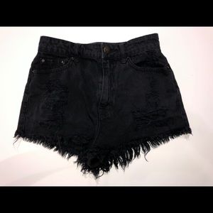 Black destressed denim shorts